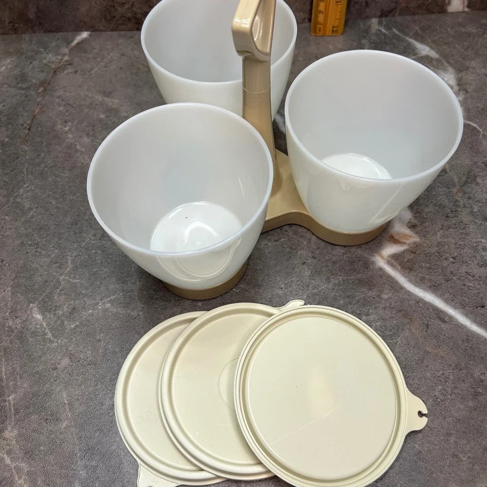 Vintage Tupperware Condiment Caddy 757-4 Almond White 3 Bowls Lids Handle Set
